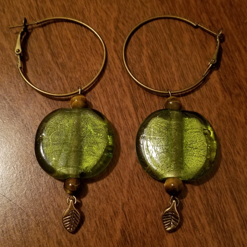 Glass Leaf Tigers Eye Hoop Earrings OOAK